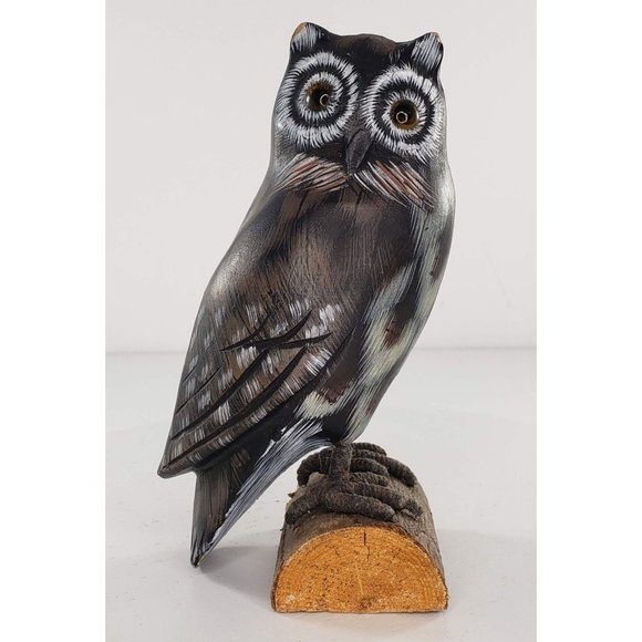 Unmarked Accents Vintage Wood Carved Owl Bird On Log Wildlife Hand